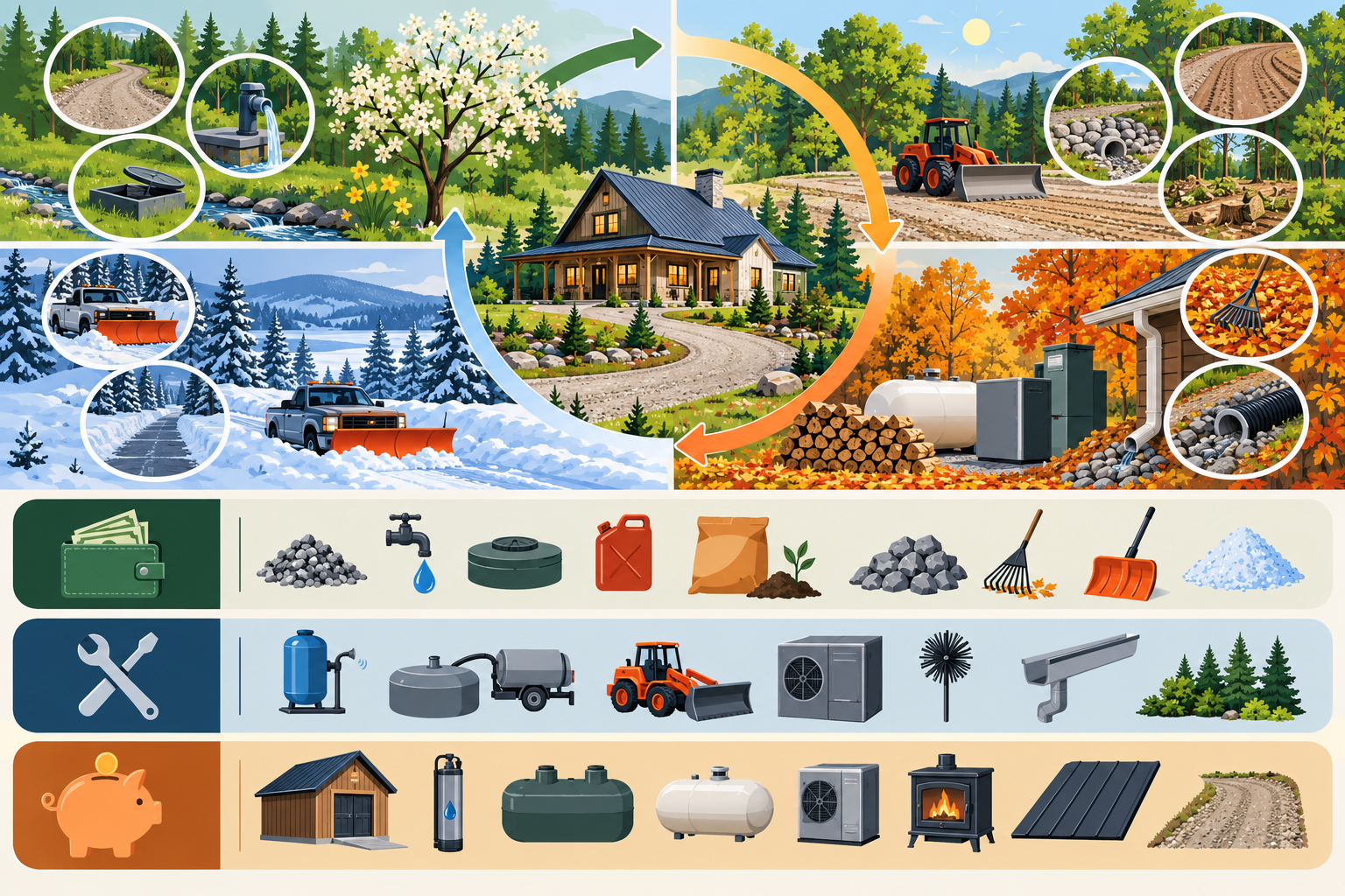 Seasonal maintenance calendar linked to annual cash, periodic service, and replacement reserves