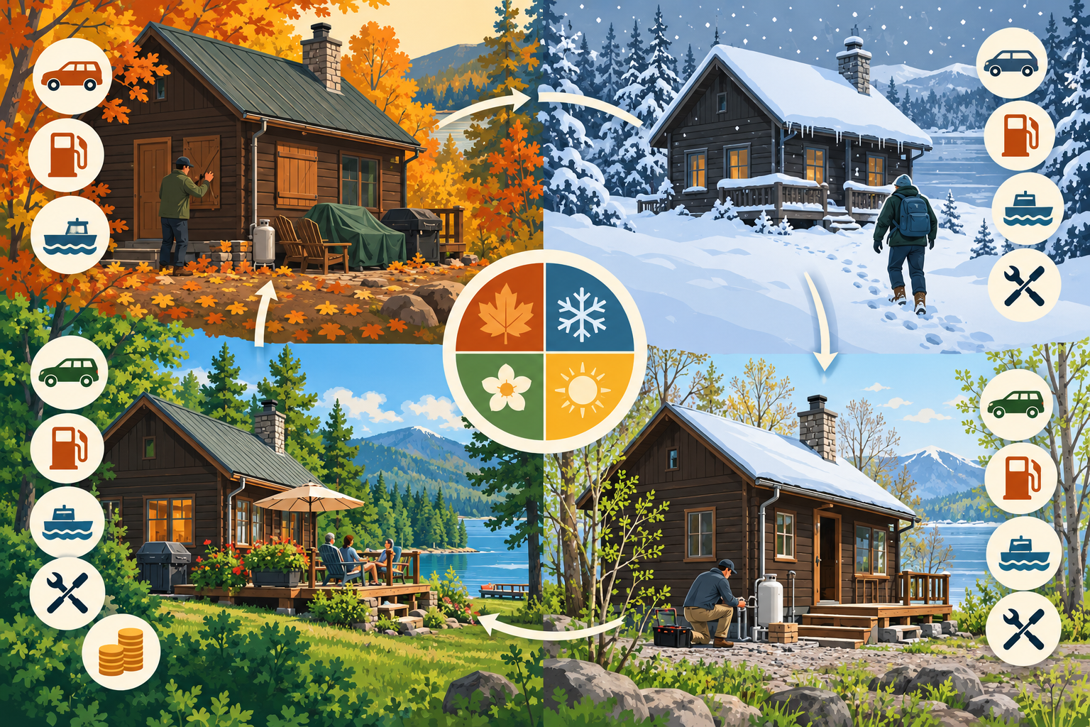 Yearly seasonal-cabin cycle from closing through vacancy checks and spring opening to occupied-season upkeep