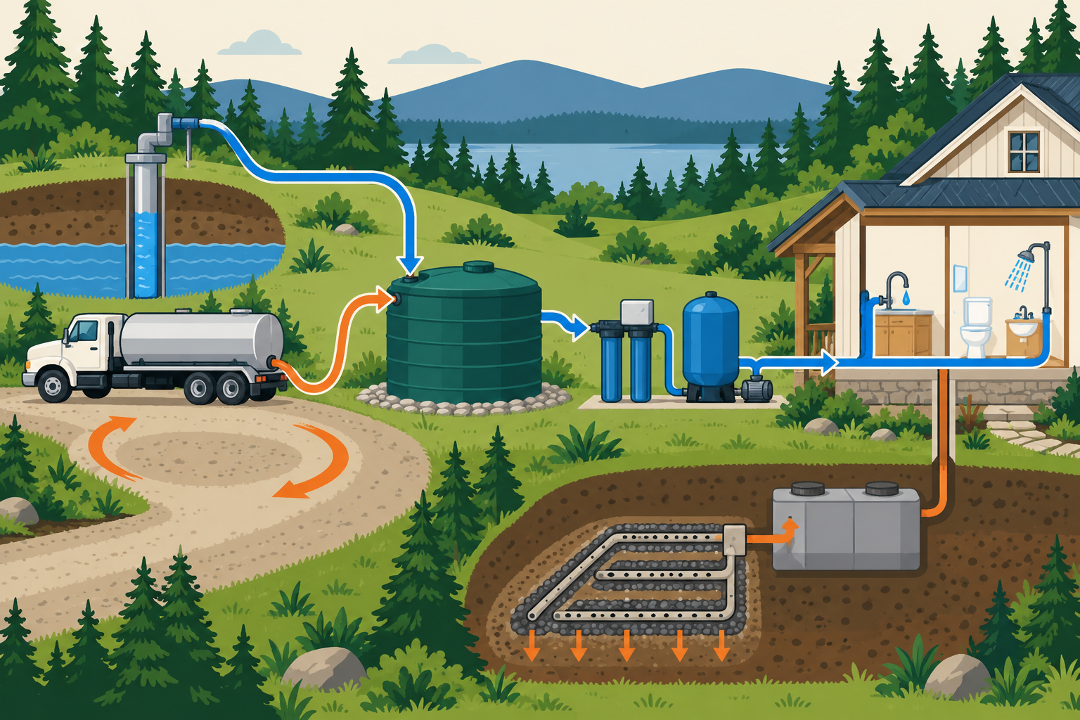 Rural water supply paths from a well or delivery truck through cistern storage and treatment to the home