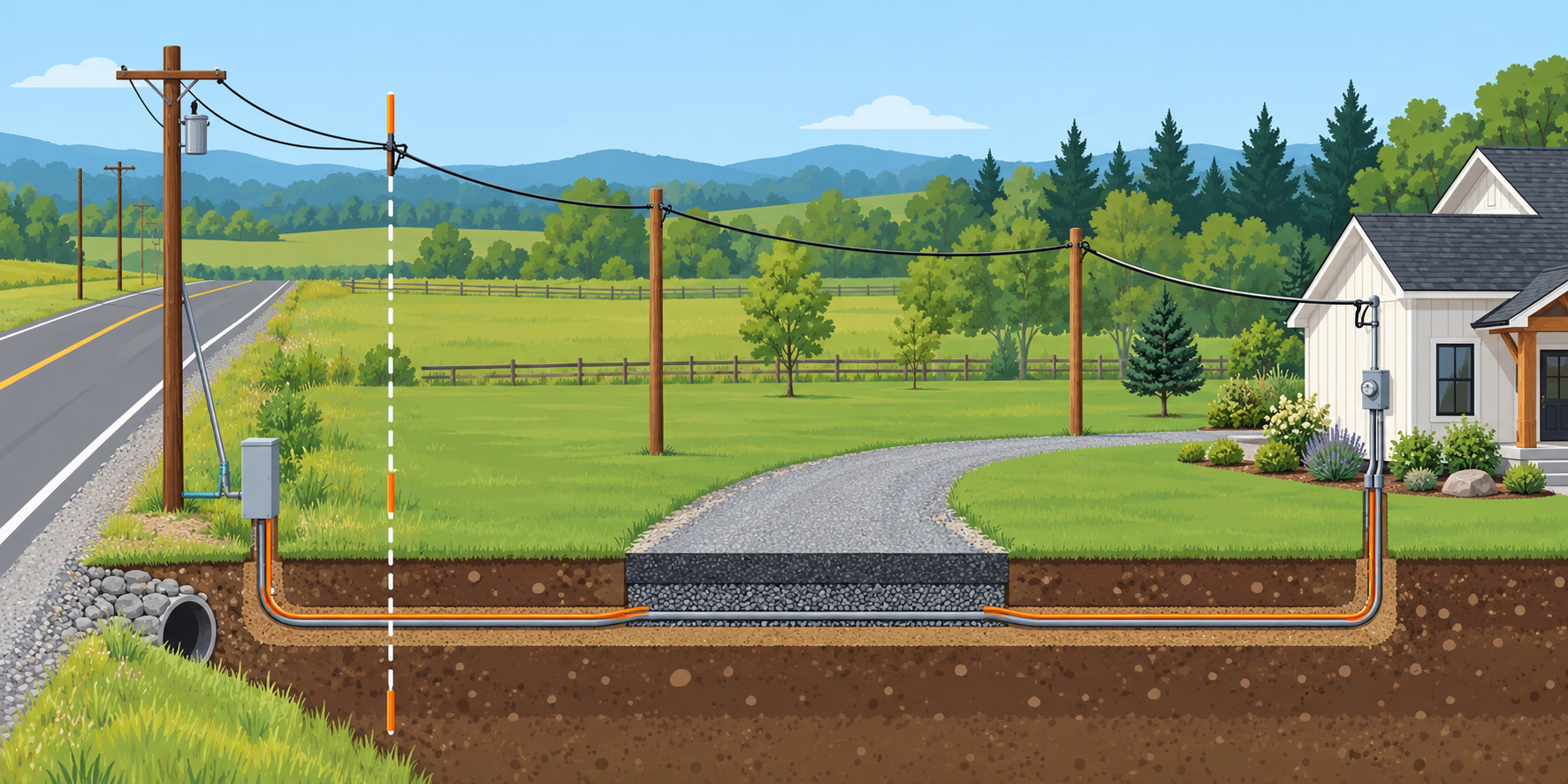Overhead and underground utility routes from the road service point to a rural home