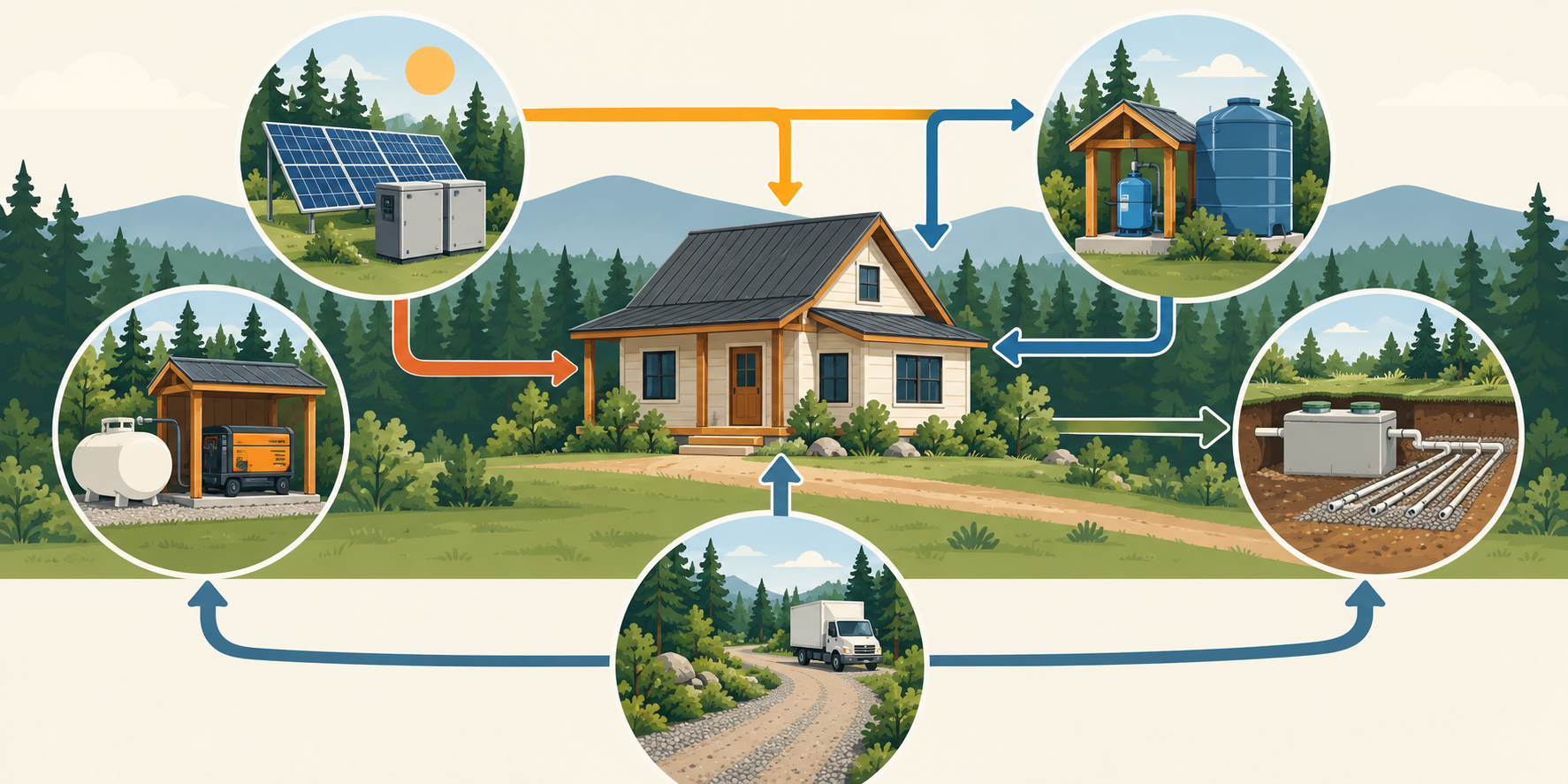 Off-grid home system map linking power, water, fuel, wastewater, and service access
