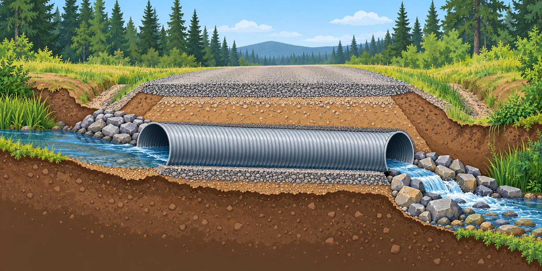Road culvert cutaway showing the drainage path, bedding, inlet, and stabilized outlet