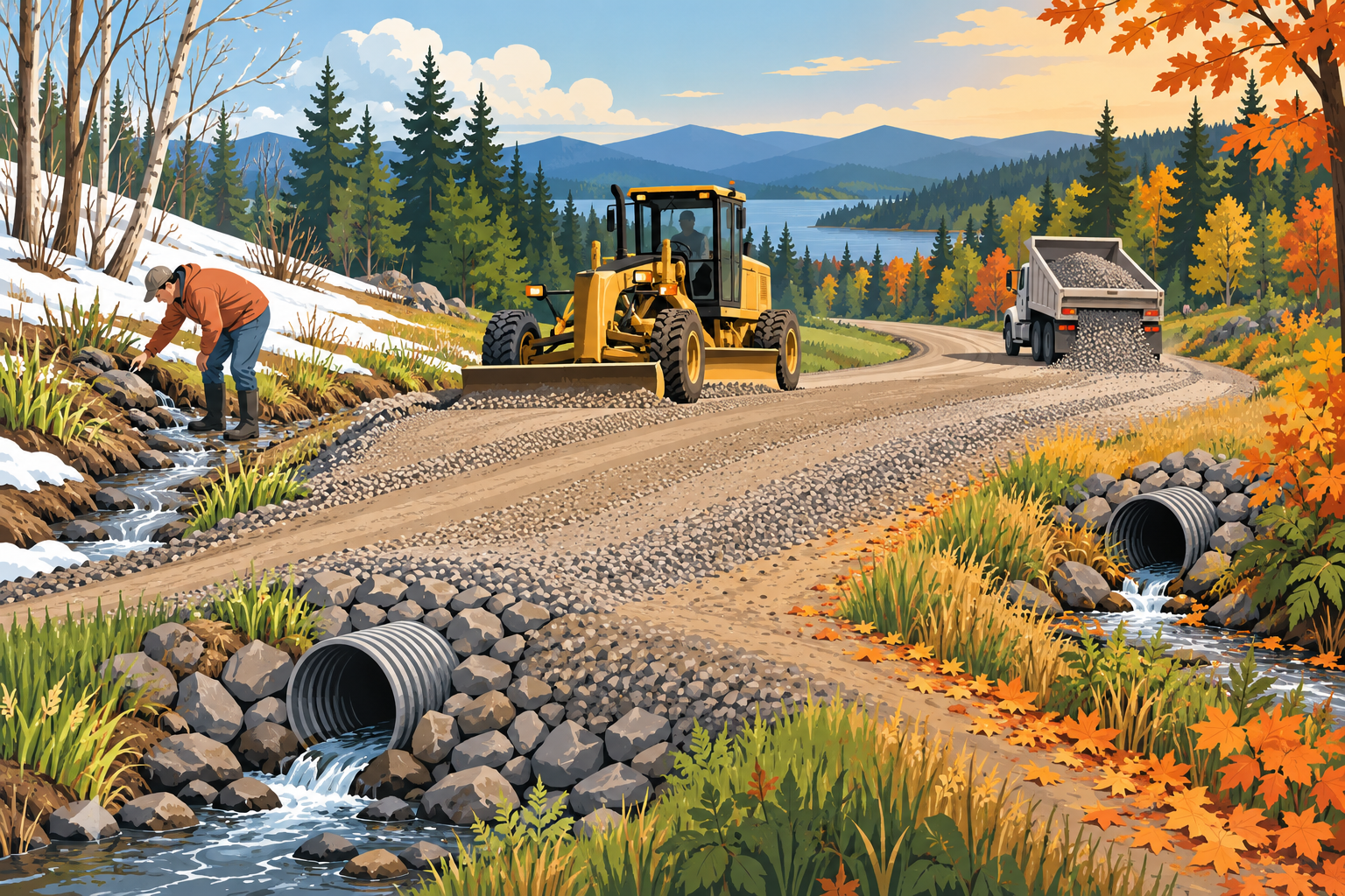 Seasonal cycle of private gravel-road inspection, grading, aggregate, and drainage upkeep