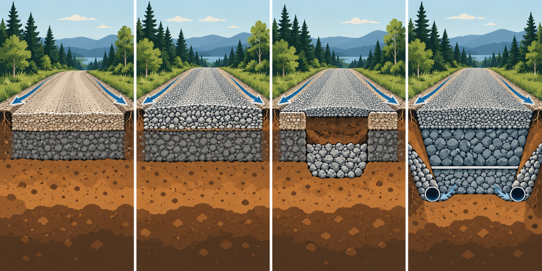 Road work cutaways ranging from surface grading through resurfacing and base repair to reconstruction