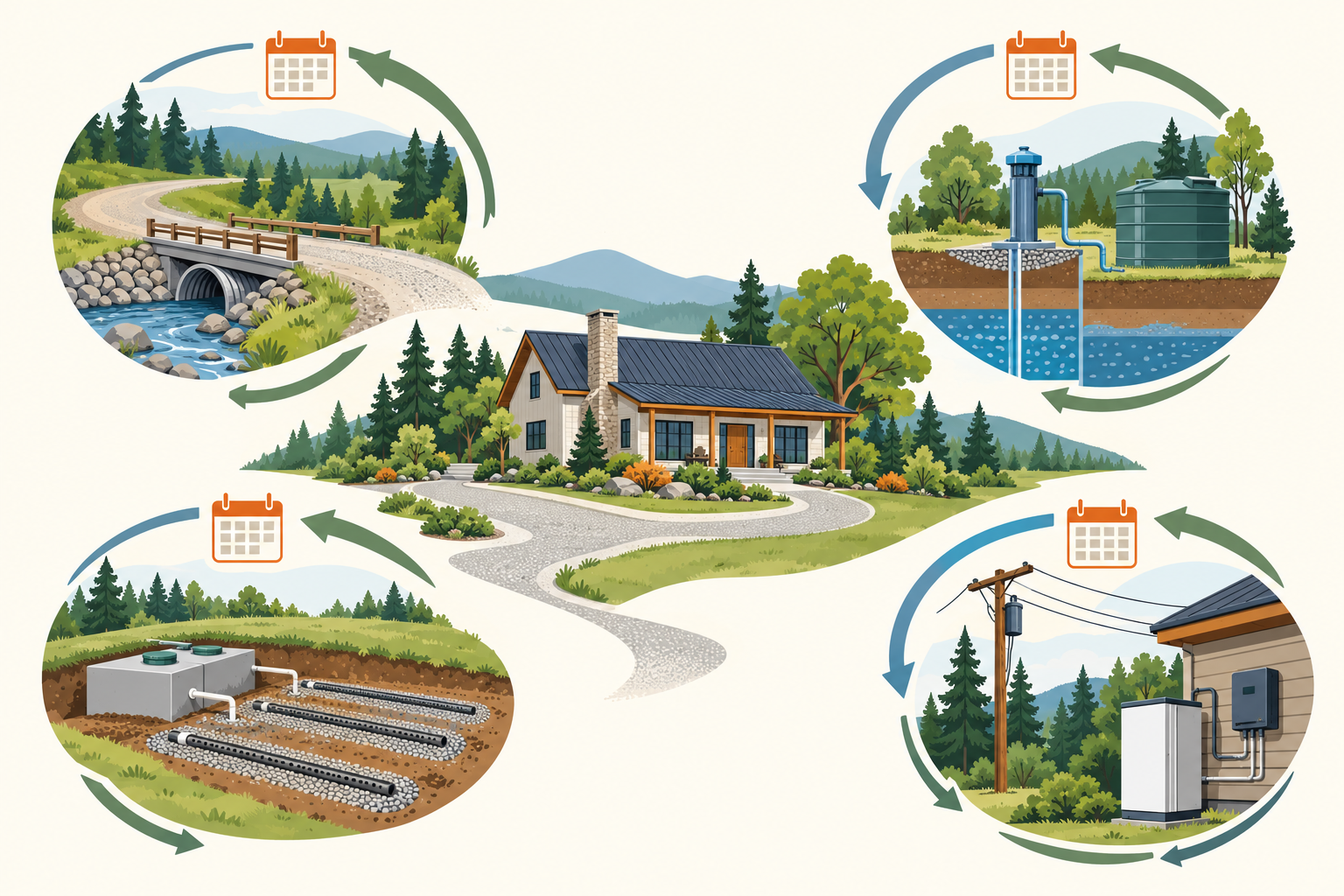 Rural property infrastructure map showing access, water, wastewater, energy, and ongoing service needs