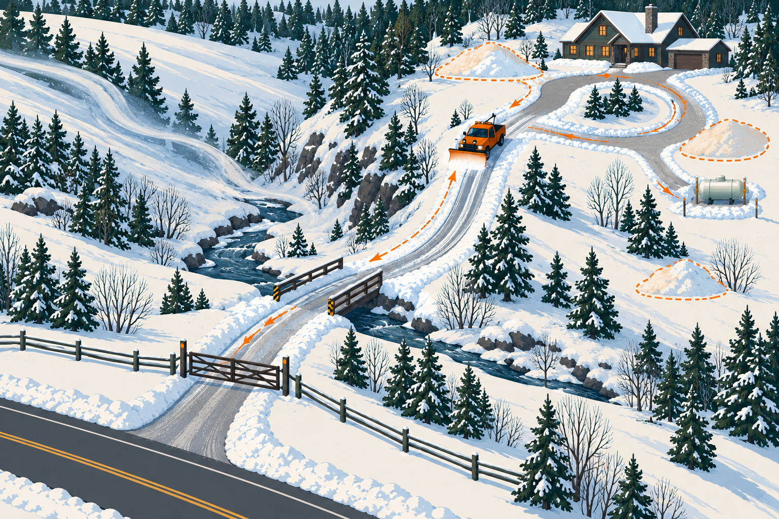 Winter service map showing a rural private lane, bridge, turnaround, fuel access, and snow storage