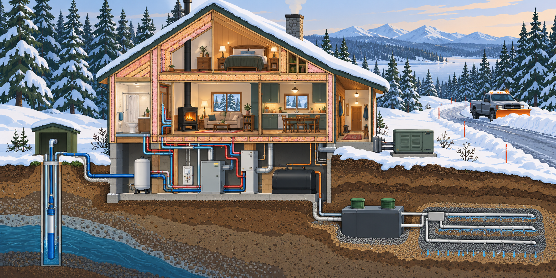 Winter-ready cabin showing coordinated heating, protected water, wastewater, backup, and access systems