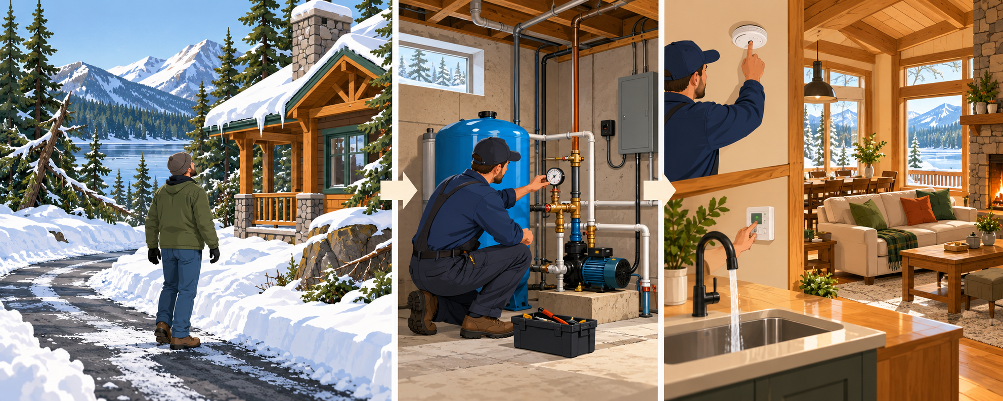 Seasonal-home reopening sequence from exterior access checks through qualified system inspection and controlled restart