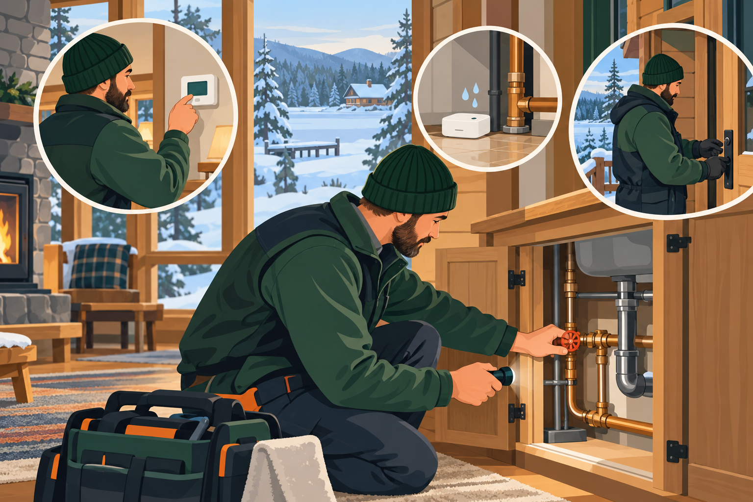 Seasonal-home closing visit checking water, heat, alarms, and secure access before winter vacancy