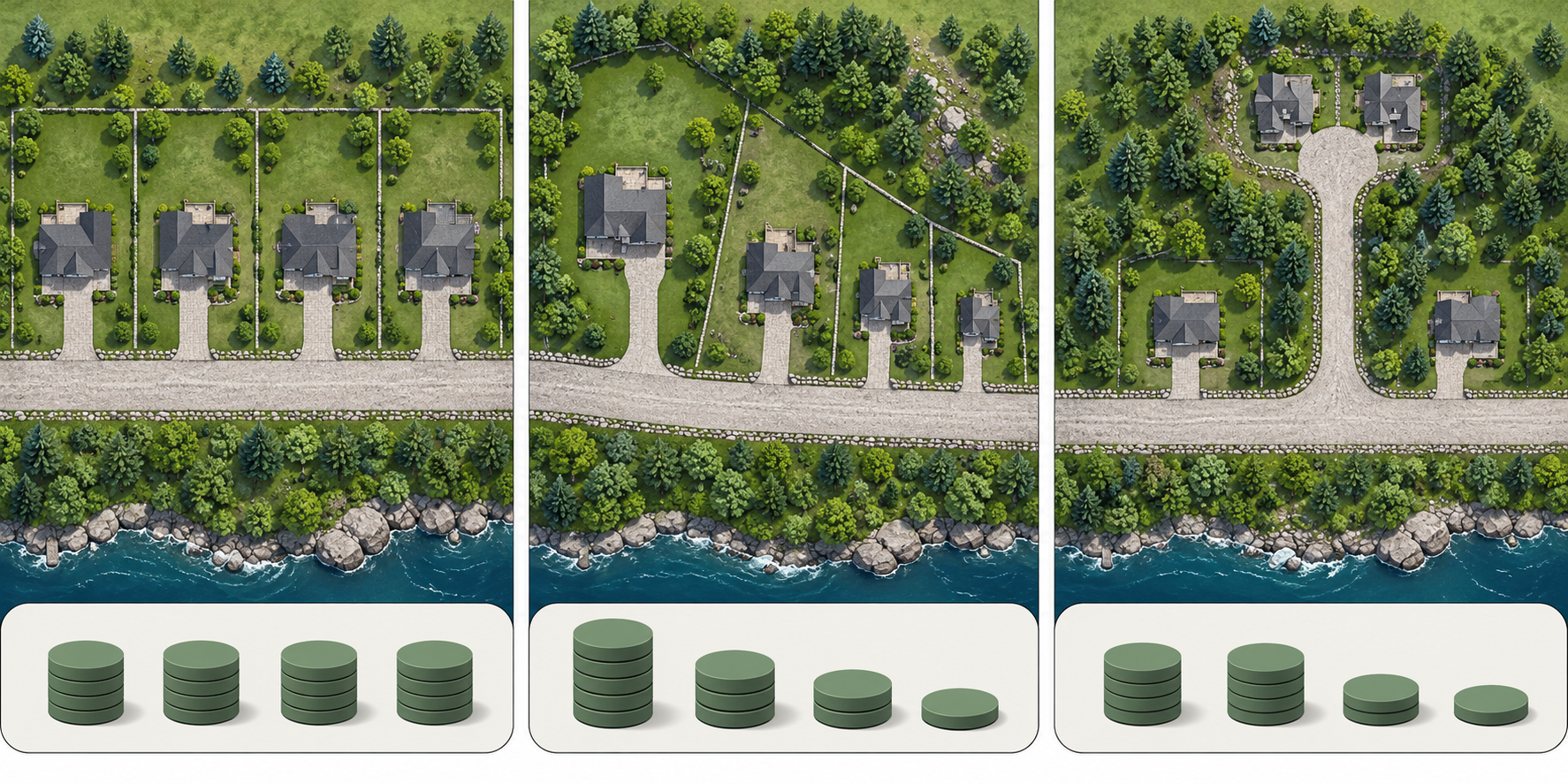 Illustrative equal-share, frontage-based, and use-based ways to model shared-road costs