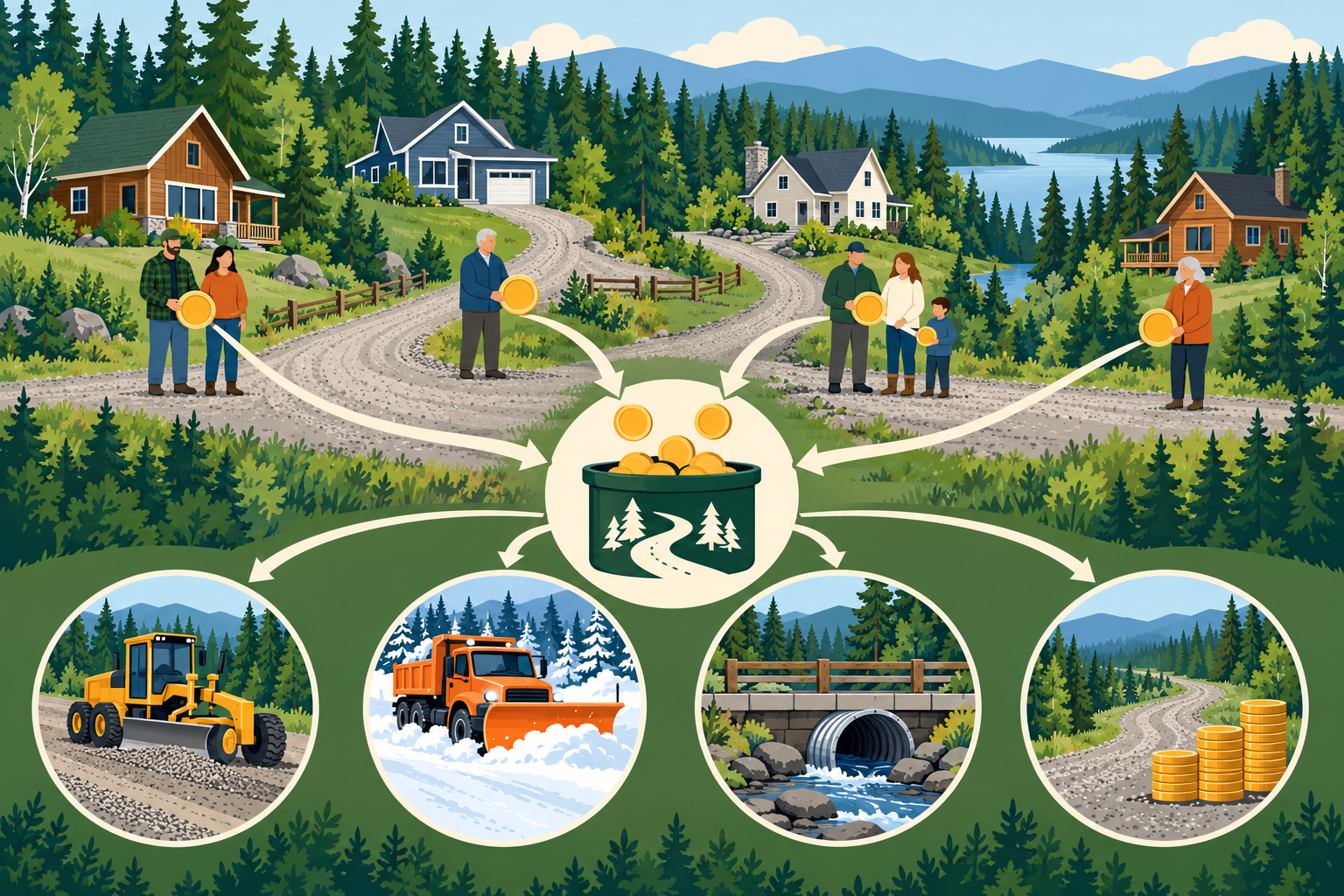 A shared-road budget pools owner contributions for routine work, winter service, drainage, and future repairs