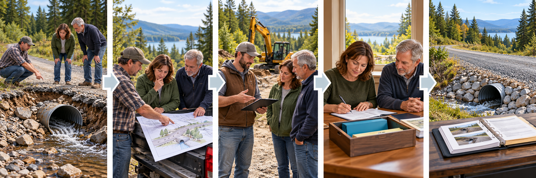 A shared-road repair moves from inspection and owner agreement through an estimate, reserve funding, and documented work