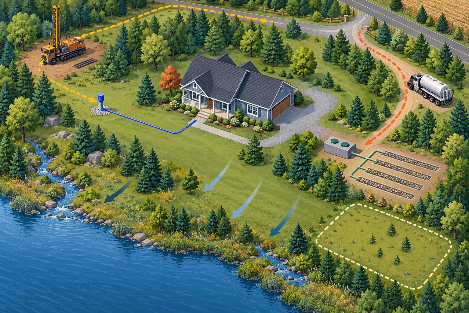 Coordinated rural site plan for a home, well, septic field, reserve area, drainage, and service access