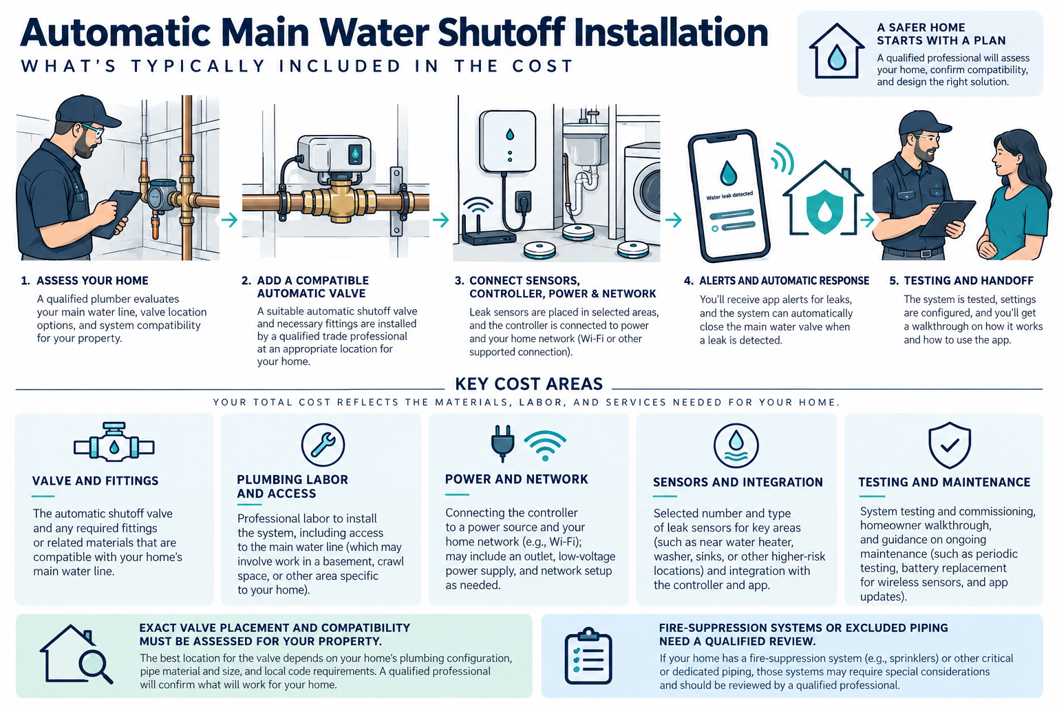 Automatic shutoff installation cost can include valve and fittings, plumbing labor, power and network, selected sensors, commissioning, and maintenance
