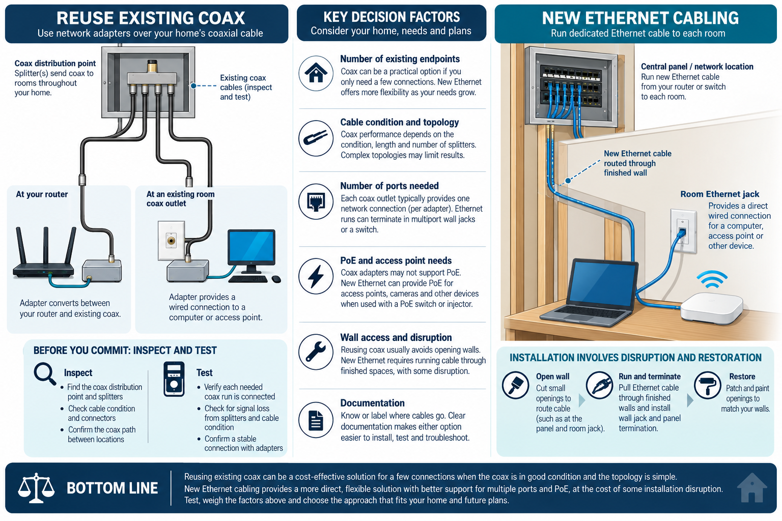 Comparison of tested existing coax adapters and new Ethernet cabling, with topology, endpoint, PoE, wall access, and documentation factors.