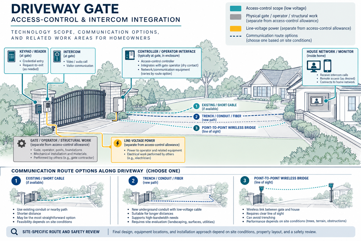 A driveway-gate access-control quote separates entry devices and communications routes from physical gate and line-voltage work