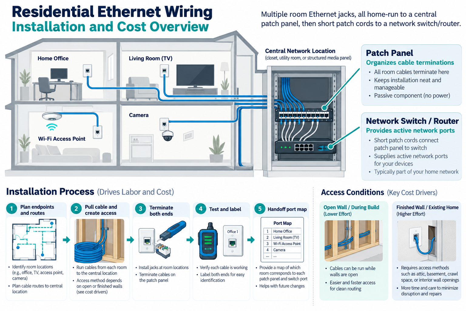 Room Ethernet drops converge at a central patch panel and network switch, with access and testing affecting installation cost