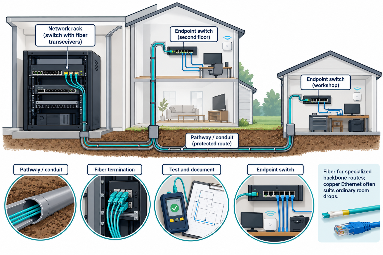 Residential fiber backbone from a network rack through protected pathways to a second floor and outbuilding, with endpoint switches, termination, testing, and documentation.