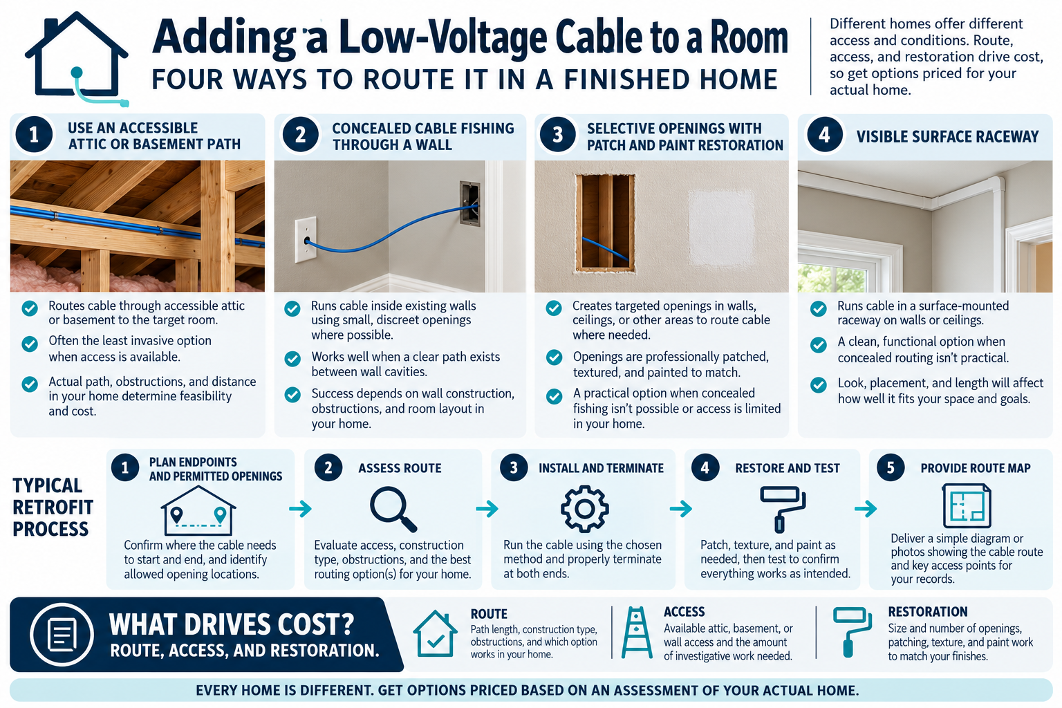 Finished-home retrofit routes can use accessible cavities, concealed cable fishing, selective openings, or visible raceway, with different restoration costs
