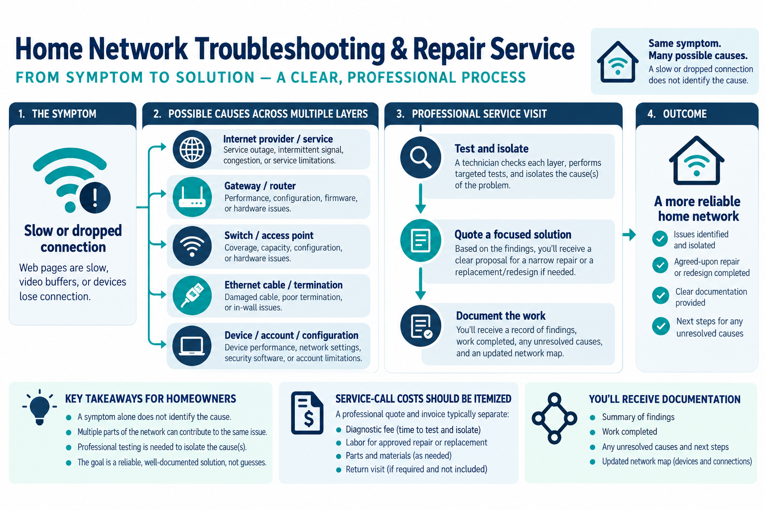 Home network troubleshooting path from a reported symptom through provider, router, access point, cabling, and device checks to documented repair options.