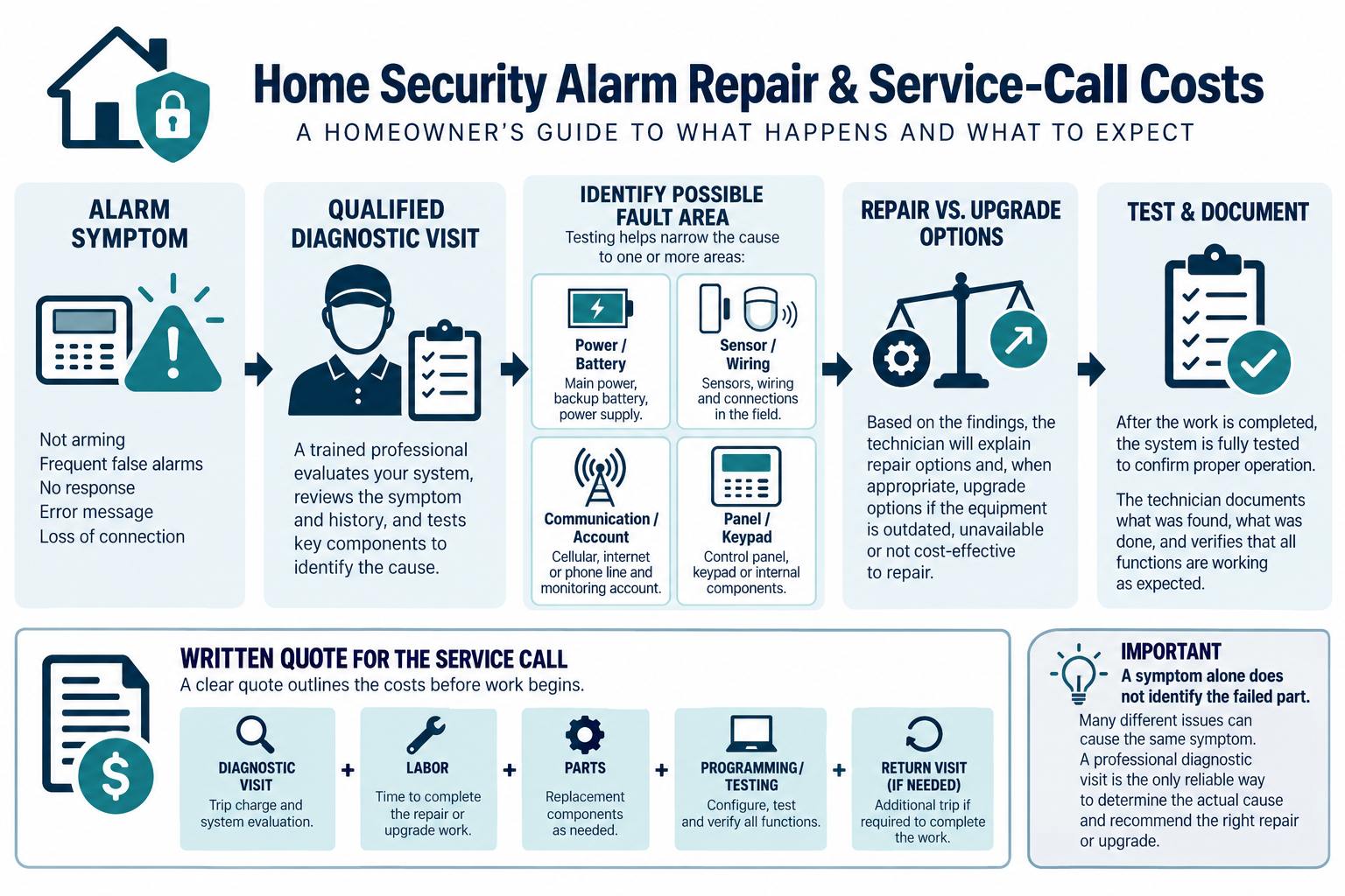 A qualified alarm diagnostic narrows possible fault areas before repair or upgrade options are quoted and tested