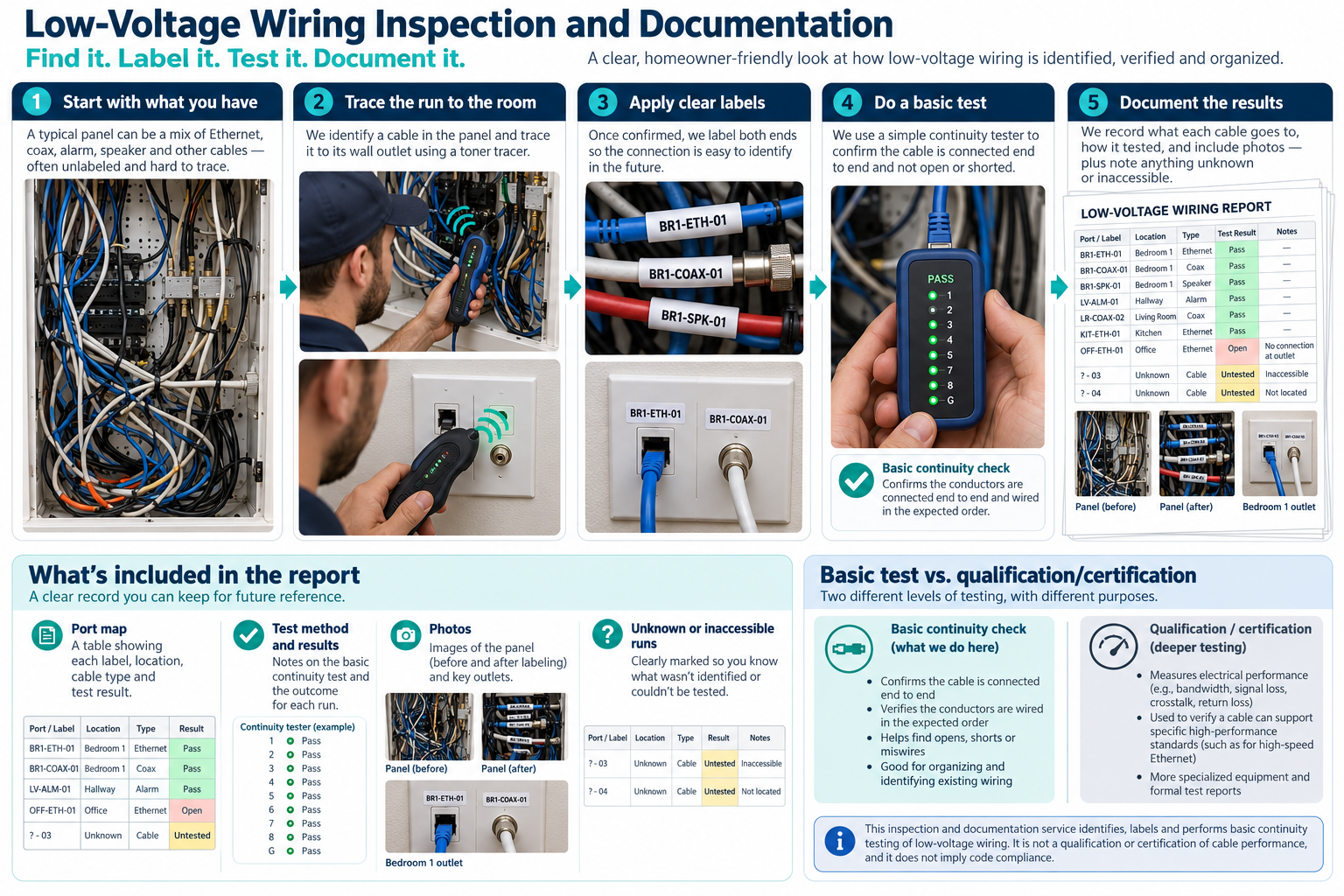 Low-voltage wiring inspection from tracing and labeling cables through basic continuity testing to a documented report with unknown runs identified.