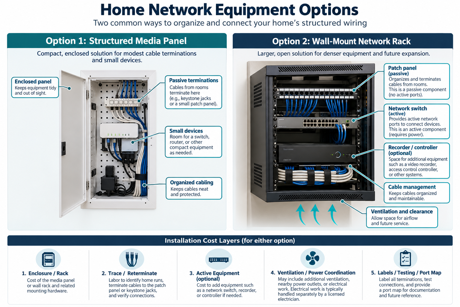A structured media panel suits compact terminations while a network rack can hold denser active equipment, with separate installation cost layers