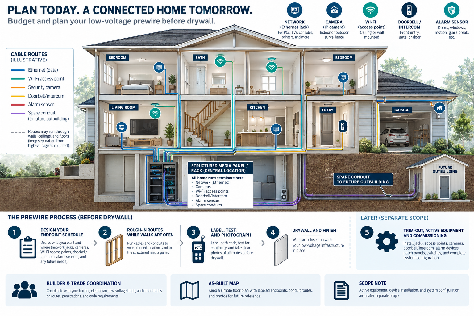 New-construction low-voltage prewire routes planned endpoints to a central panel before drywall, with trim-out and active equipment as later scope