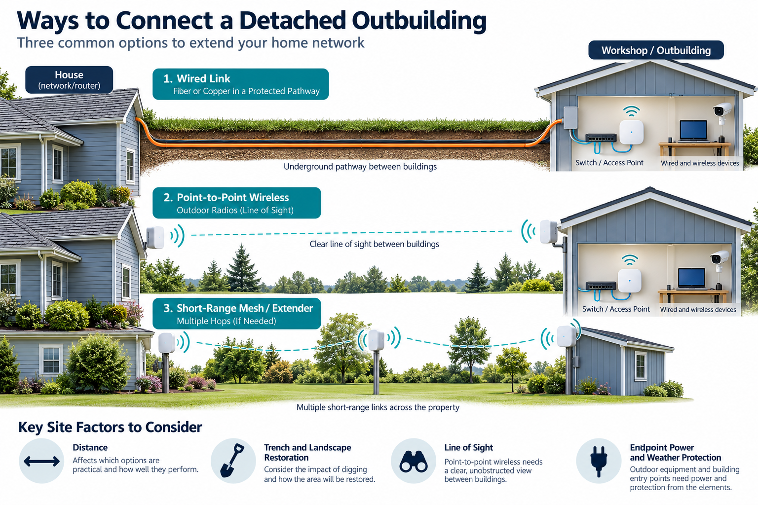 Wired, point-to-point wireless, and mesh or extender options for connecting a home network to a detached outbuilding, with key site factors.