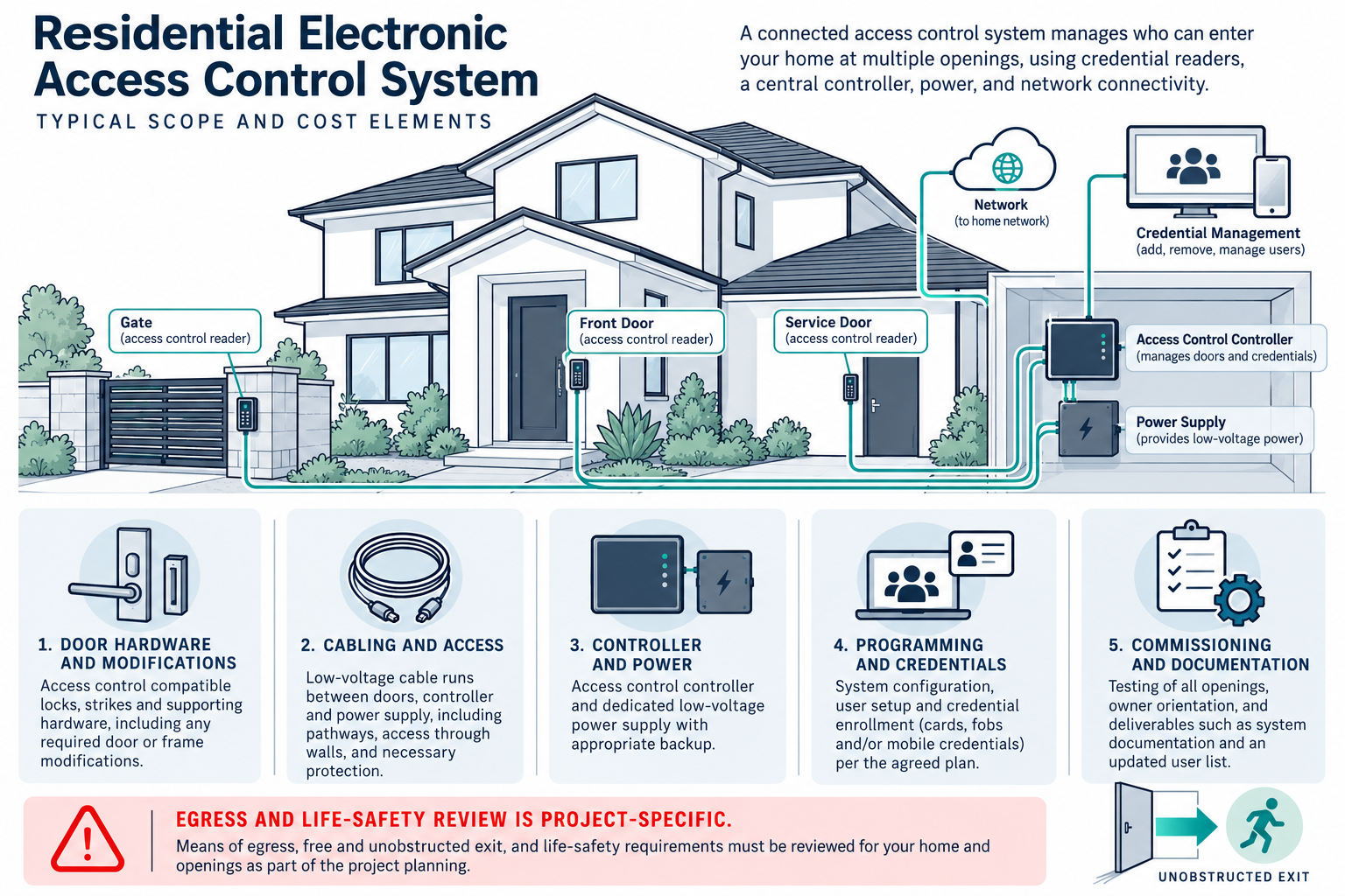 A residential electronic access-control system links multiple openings to readers, a controller, power, credentials, and commissioning