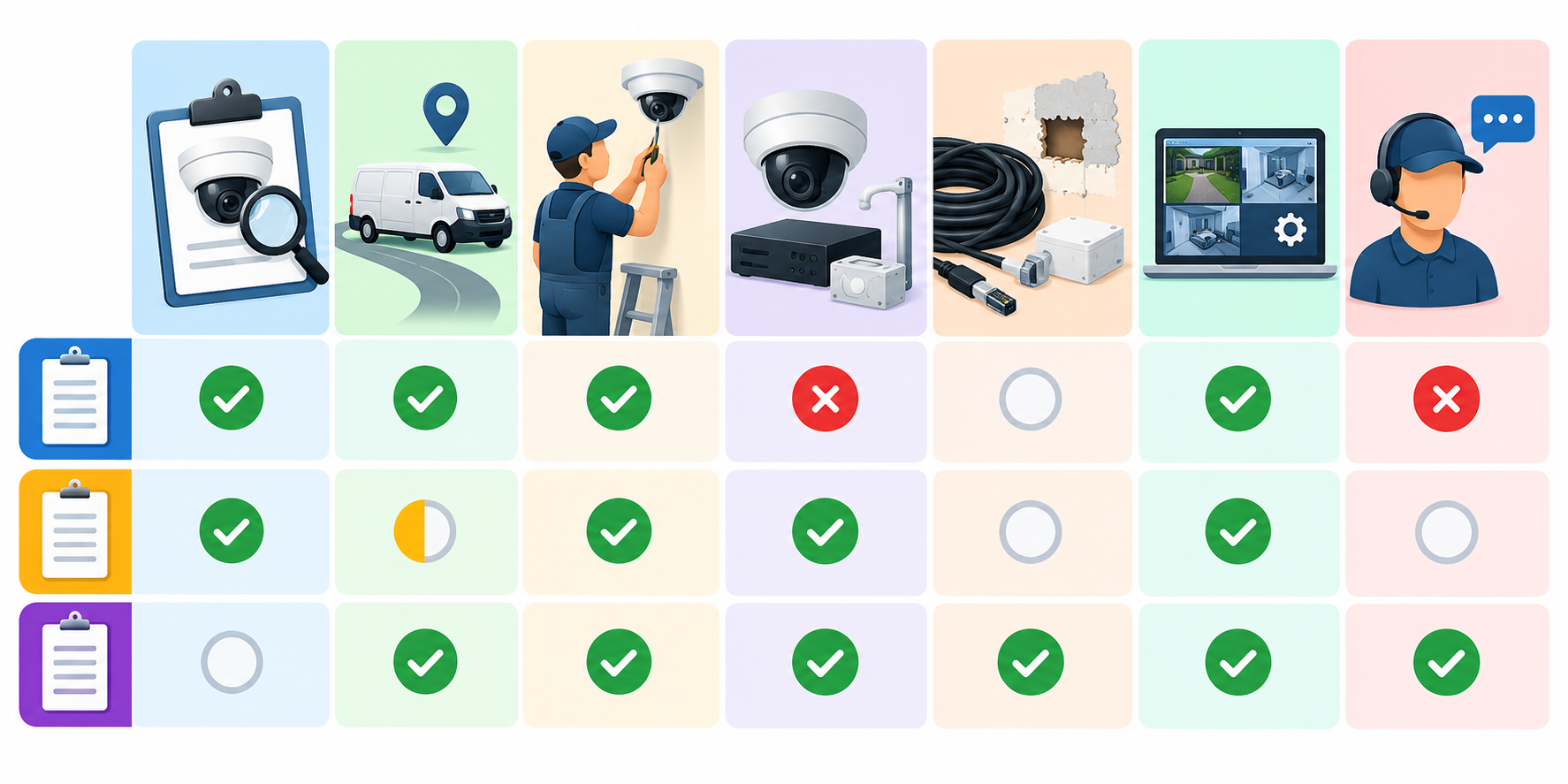 Diagnosis, travel, labor, equipment or parts, cable or access work, configuration, and follow-up appear as separate quote components that service offers may include or exclude