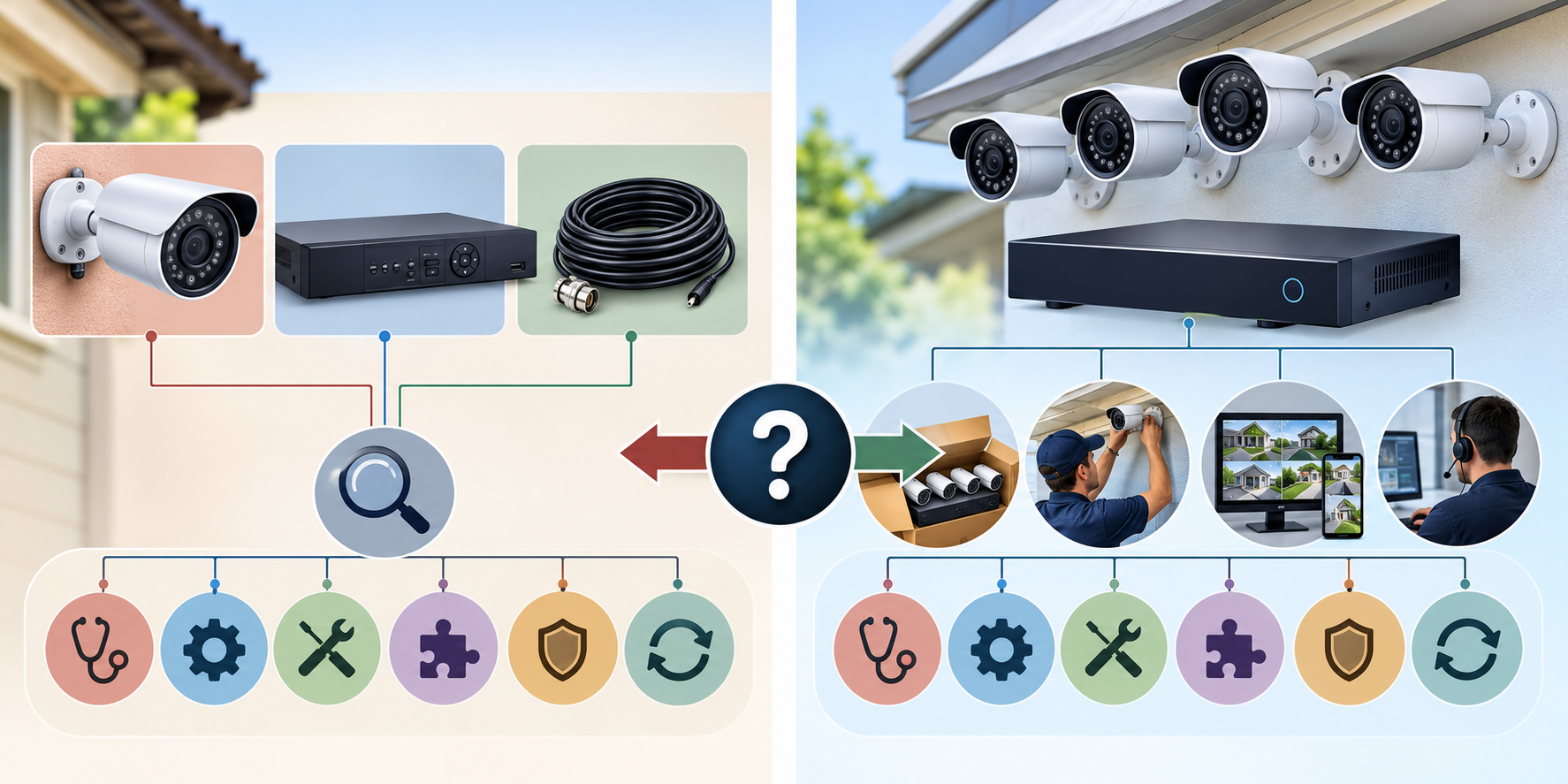 Repair and replacement comparison shows existing cameras, recorder, and cabling assessed separately from a replacement system with new equipment, installation, setup, and future support