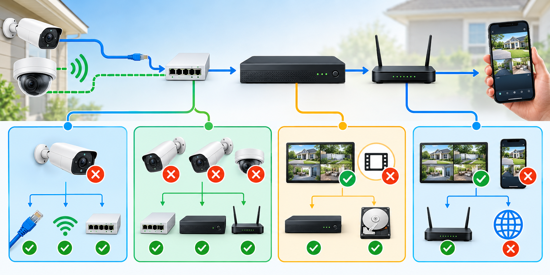 Camera, cable or Wi-Fi, network equipment, recorder, router, and phone app connect in a system; separate symptom panels show one camera offline, several cameras offline, recording failure, and remote-access failure