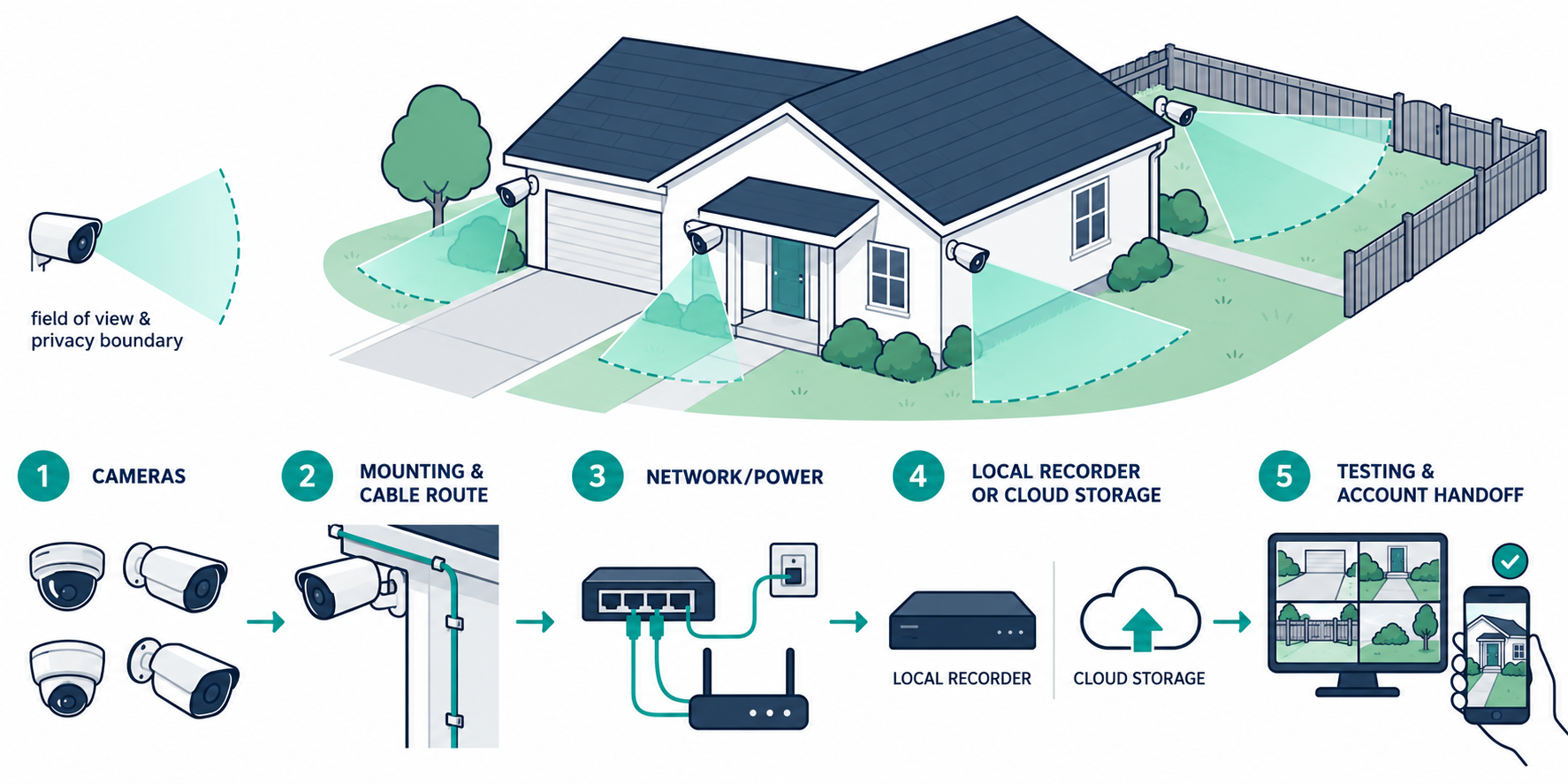Security camera installation scope connects camera placement and mounting with network power, recording, testing, and account handoff