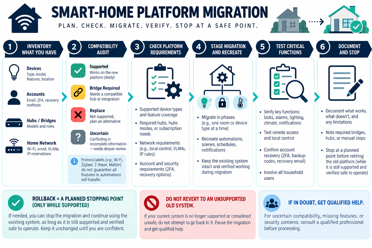 Smart-home platform migration stages: inventory devices and accounts, audit compatibility, check the selected platform requirements, migrate in stages, test critical functions, and stop safely before retiring the old system.