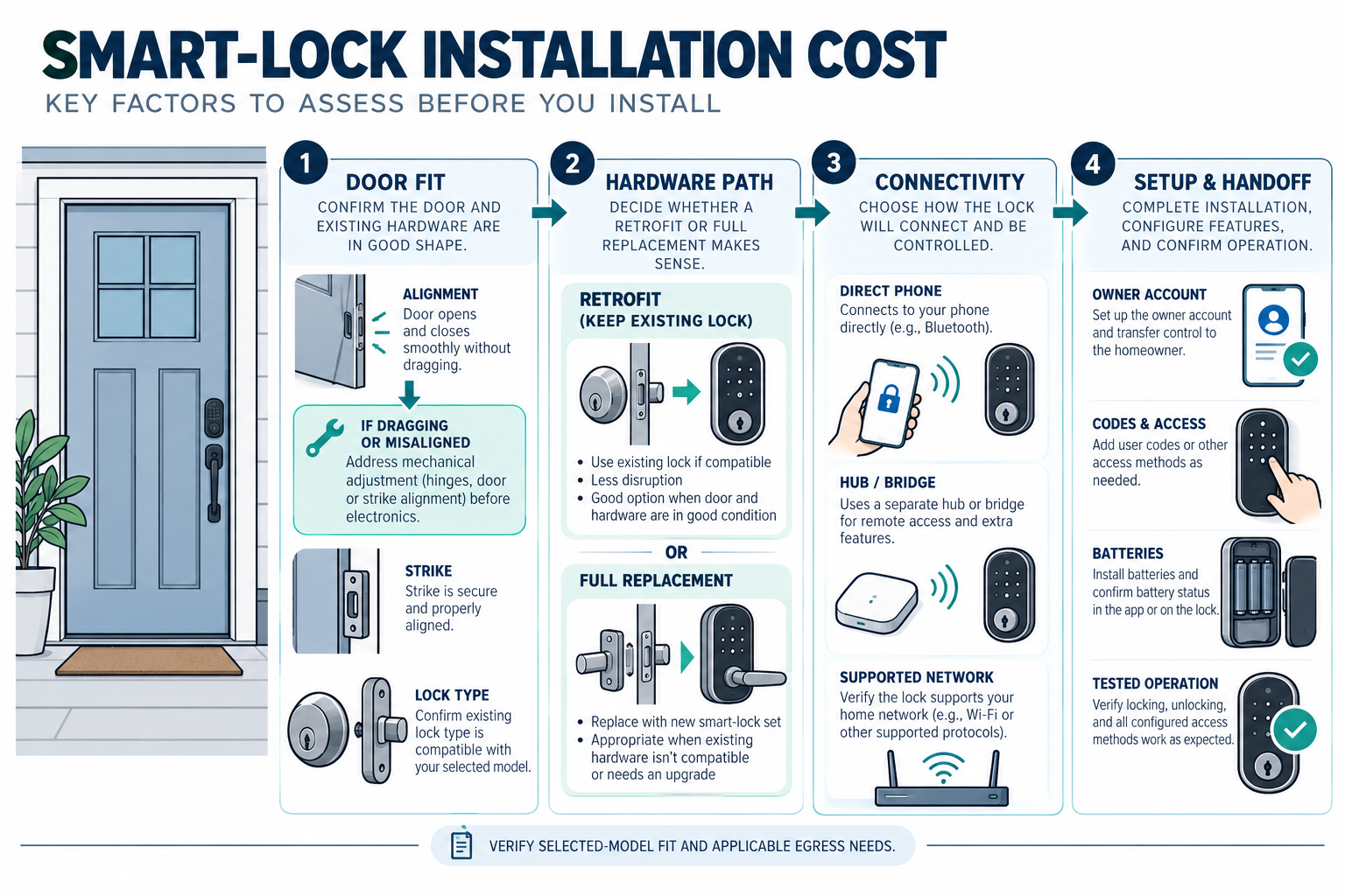 Smart-lock installation cost depends on door fit, retrofit or replacement hardware, connectivity, and owner setup