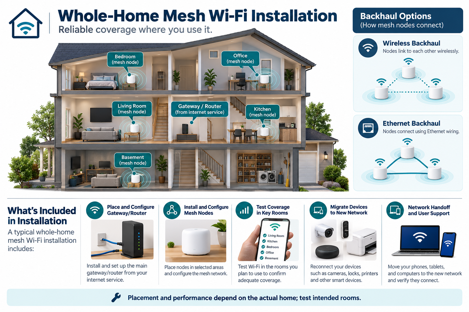 Mesh Wi-Fi installation includes node placement, wireless or Ethernet backhaul, coverage testing, device migration, and network handoff