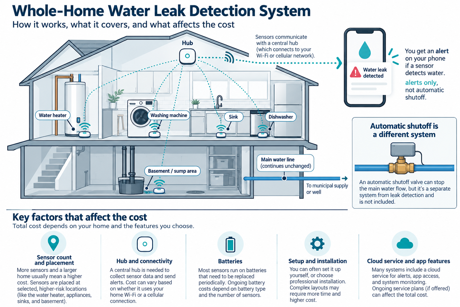 Leak sensors cover selected water-risk points and send alerts; automatic shutoff is a separate system