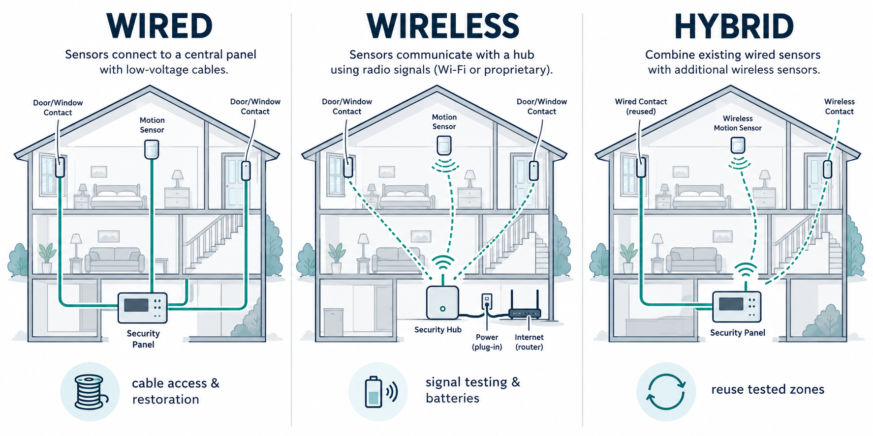 Wired, wireless, and hybrid alarm layouts show the different cable, radio, and tested-zone reuse paths