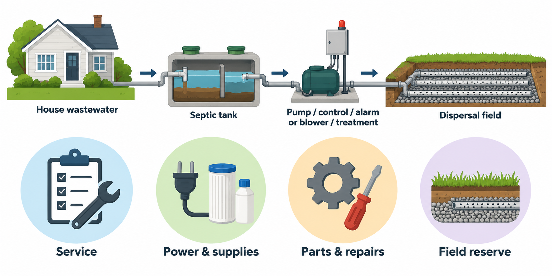Advanced septic ownership cost layers alongside the system components that can create recurring service, power, repair, and field reserve costs