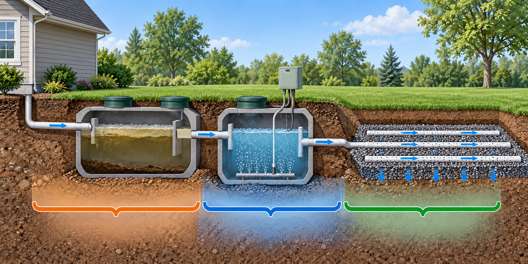 Generic aerobic treatment system flow from settling tank through an aerated chamber to the dispersal field.
