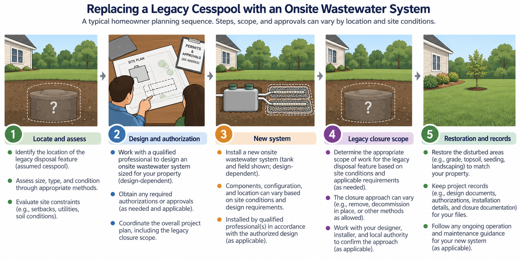 Planning sequence for a cesspool-to-septic conversion, from locating and assessing the legacy structure through design, new system work, locally determined closure scope, restoration, and records
