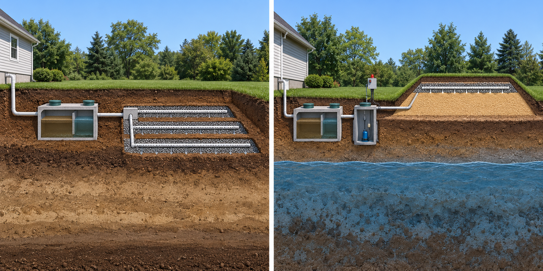 Comparison of a conventional gravity system on suitable soil with one pressure-dosed mound design on a site with high groundwater.