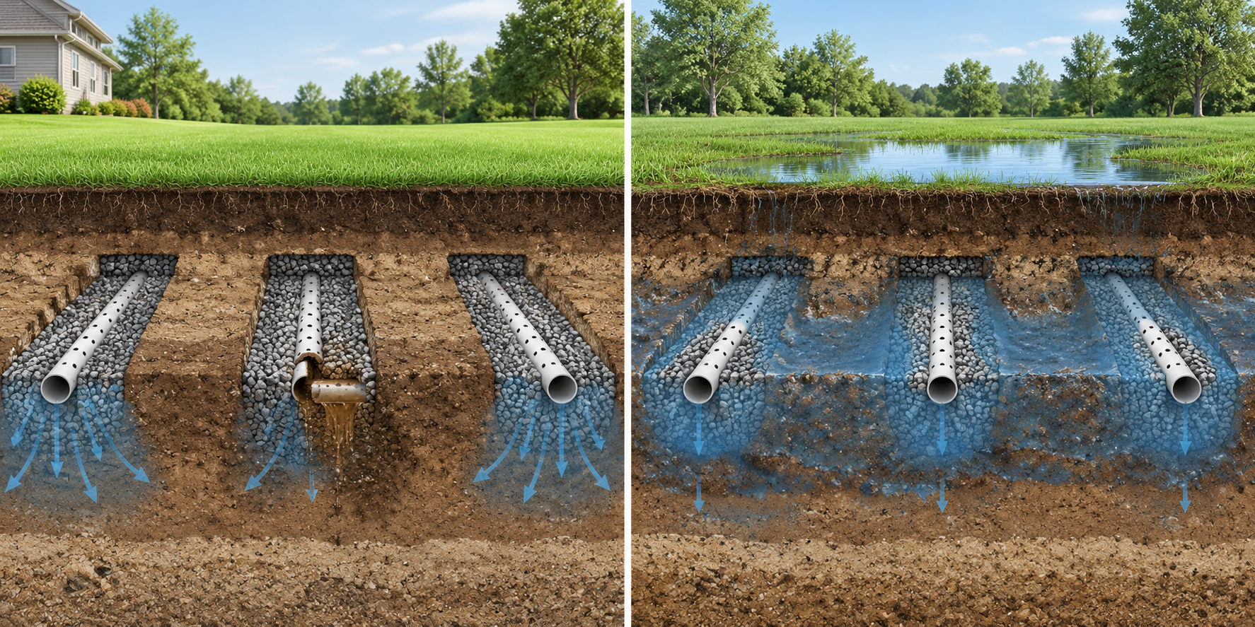 Comparison of one localized drainfield line break with a broader saturated-soil condition across a field.