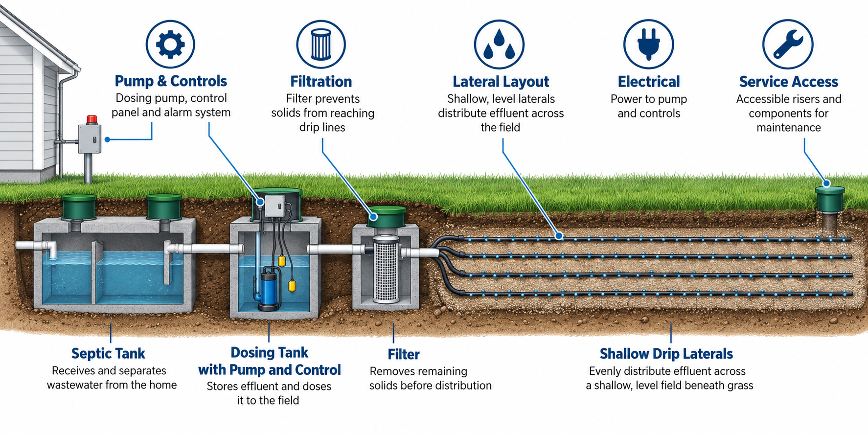 Drip septic system layout showing the septic tank, dosing pump and controls, filter, and shallow distribution laterals