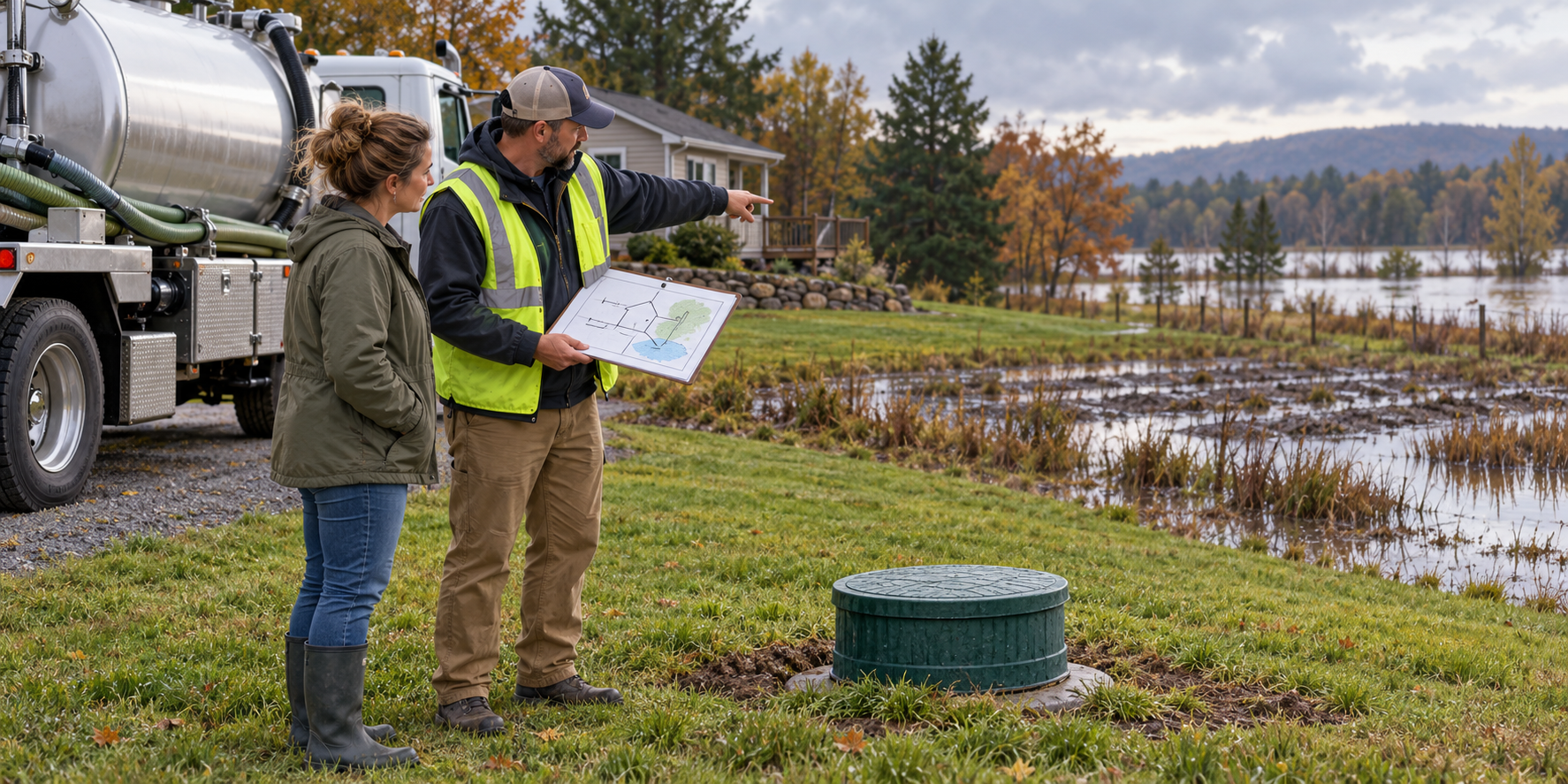A homeowner and septic professional discuss site conditions beside an accessible tank while a drainfield area remains waterlogged.