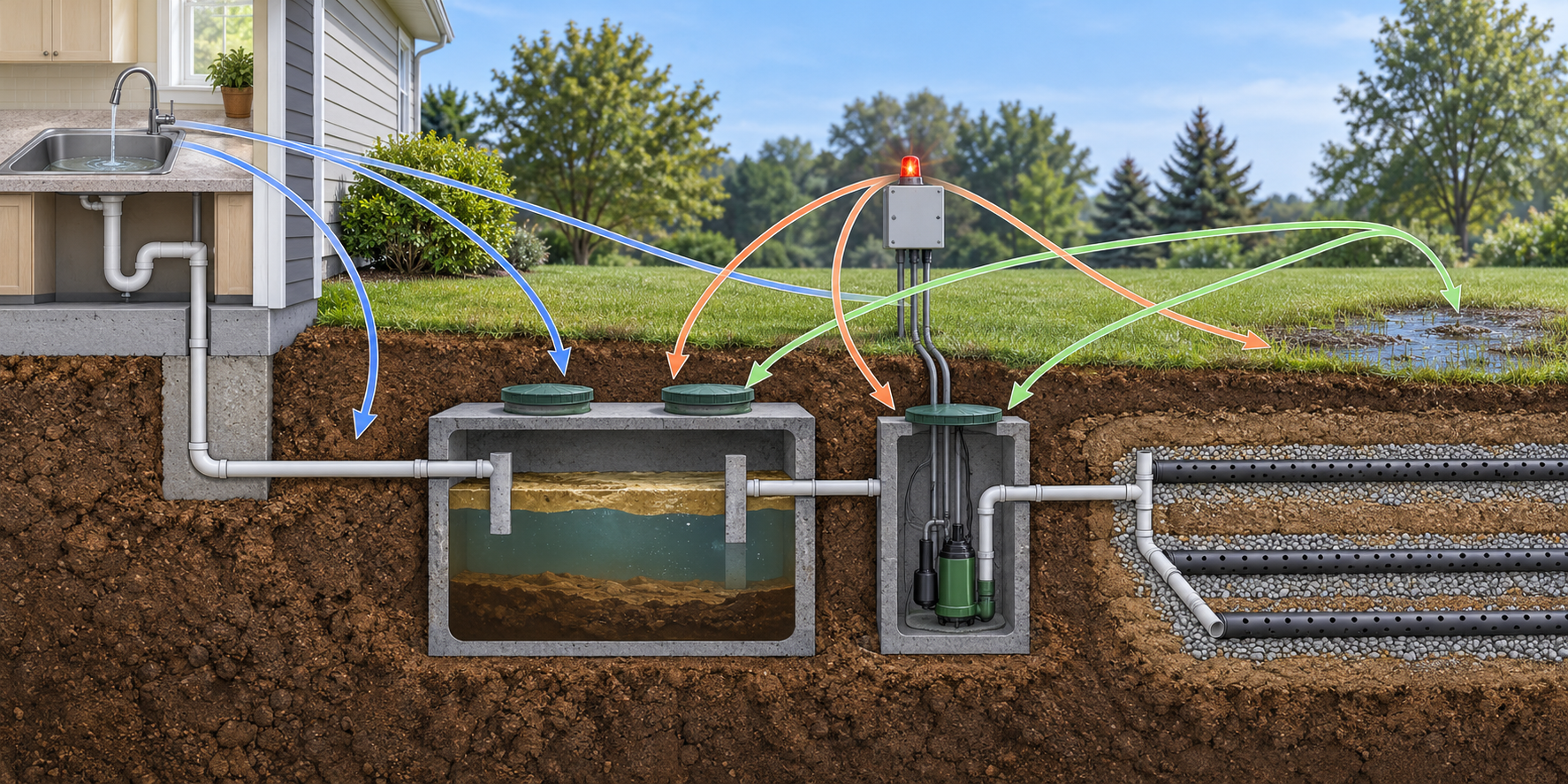 A sink symptom, pump alarm, or wet drainfield can point to several different septic-system areas that need professional diagnosis.