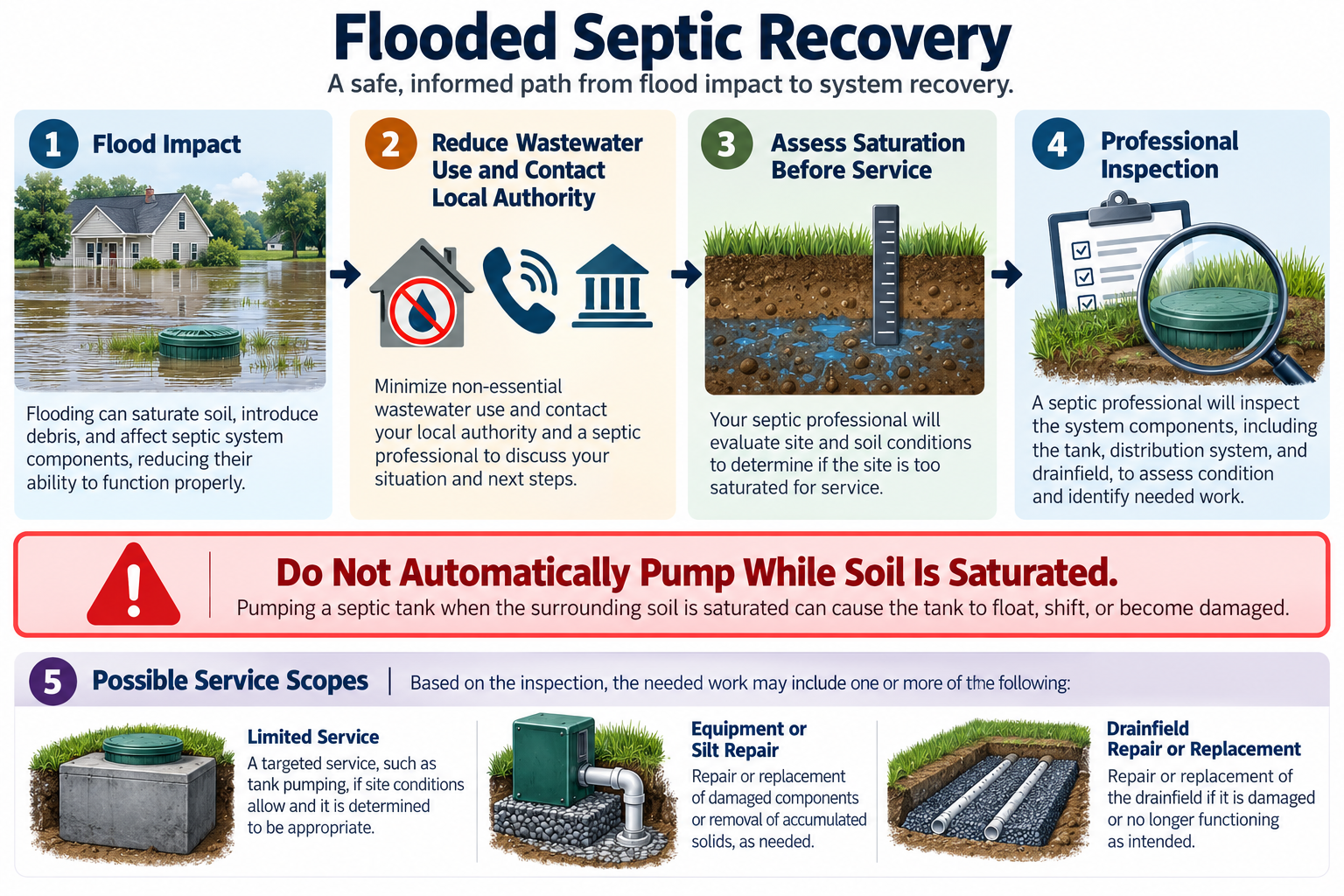 Flooded septic recovery sequence emphasizing authority guidance, saturation assessment before service, professional inspection, and possible repair scopes