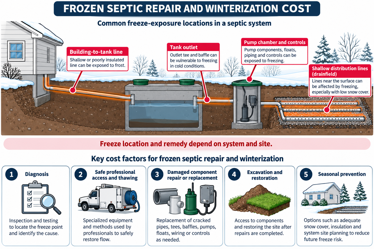 Possible freeze-exposure locations in a septic system and the main repair and winterization cost factors