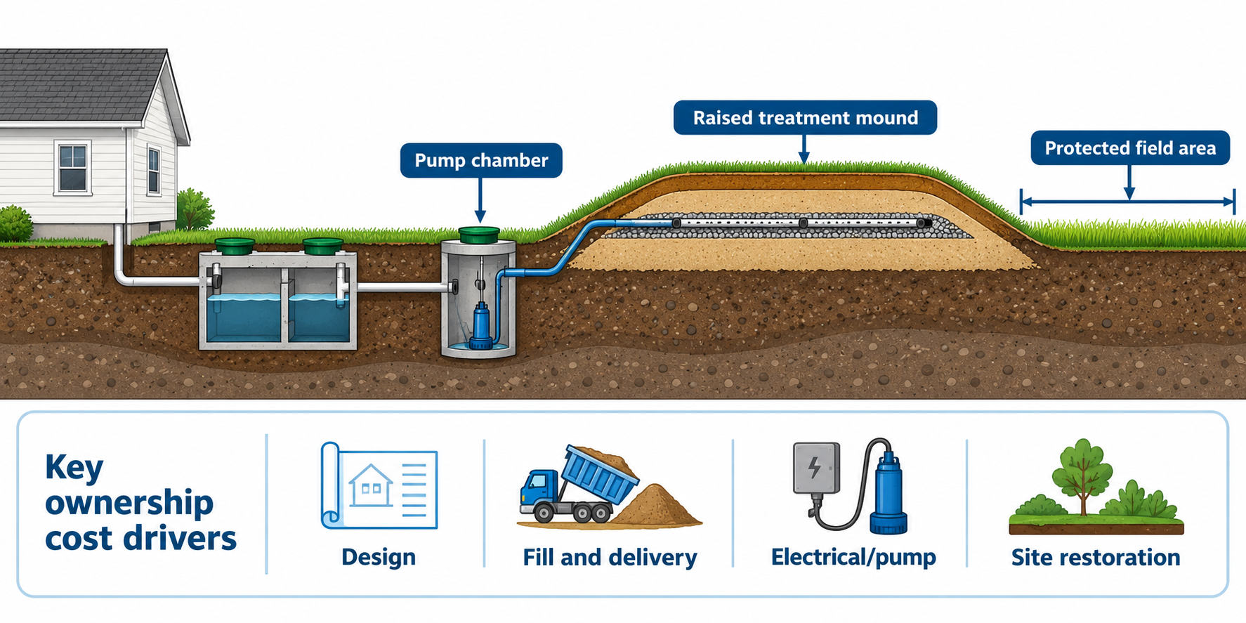 Mound septic system cutaway showing the pump chamber, raised treatment mound, protected field area, and main installation cost drivers